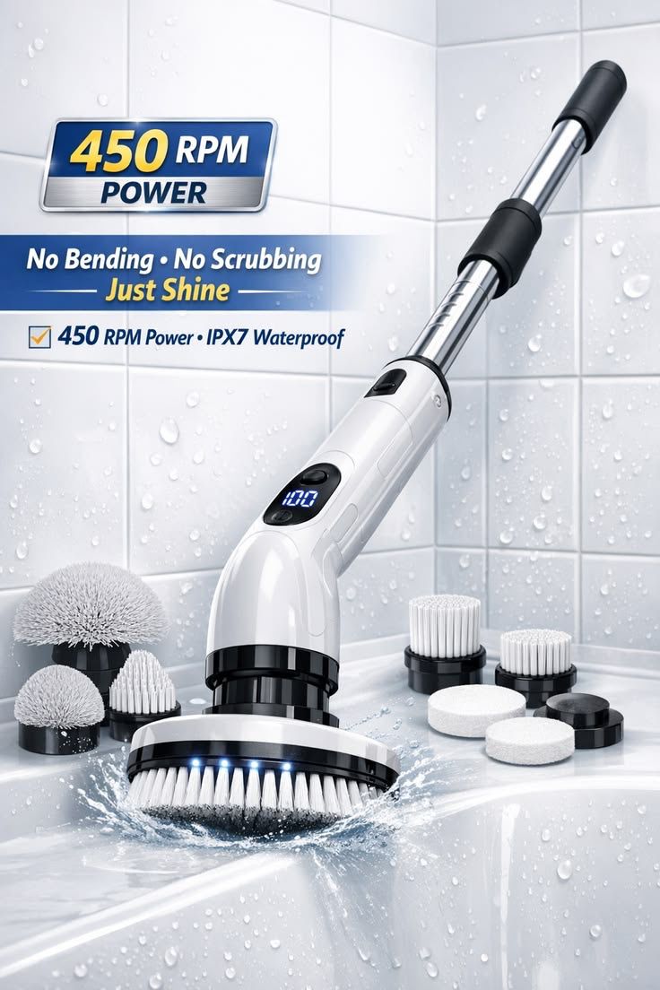 Cordless Electric Spin Scrubber – Rechargeable Bathroom & Kitchen Cleaning Brush with Extendable Handle and 7 Brush Heads