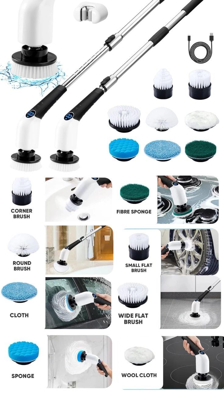 Cordless Electric Spin Scrubber – Rechargeable Bathroom & Kitchen Cleaning Brush with Extendable Handle and 7 Brush Heads