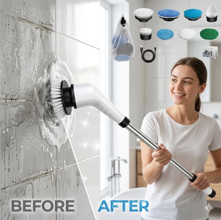 Cordless Electric Spin Scrubber – Rechargeable Bathroom & Kitchen Cleaning Brush with Extendable Handle and 7 Brush Heads